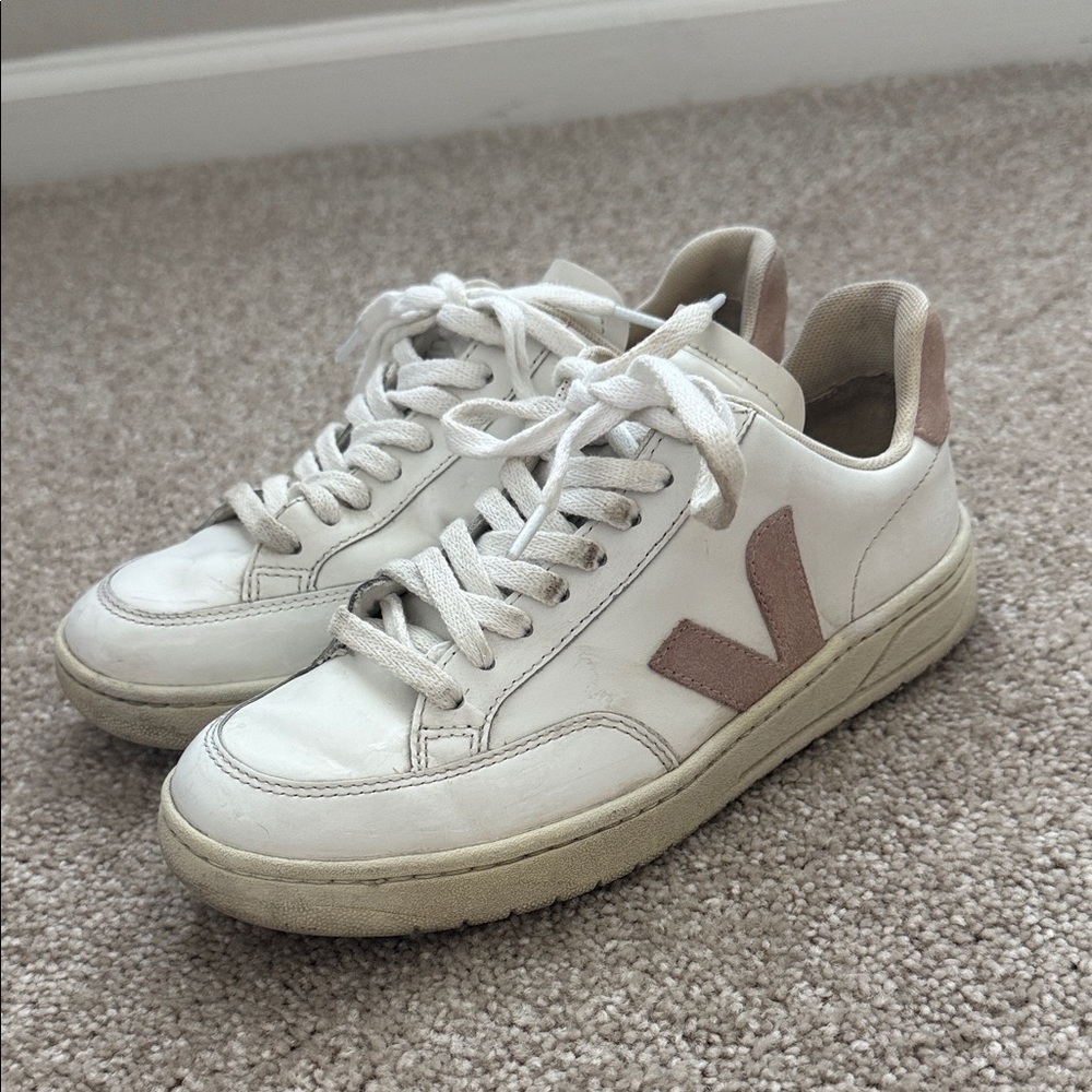Veja V-12 Leather Suede White Sneakers in Babe Pink - Picture 2 of 10